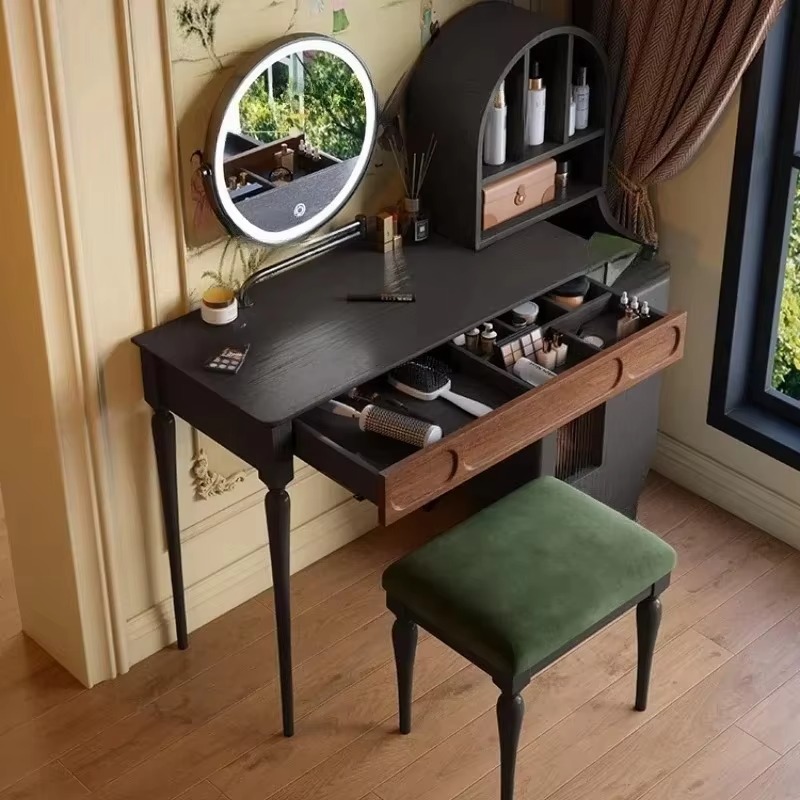 Beauty Makeup Vanity Set - Italian Black Vanity Table Drawer Stool